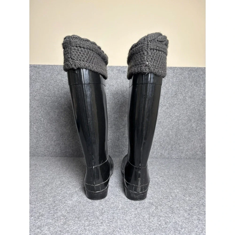 Hunter Women's Black Rain Boots with Charcoal Knit Cuffs